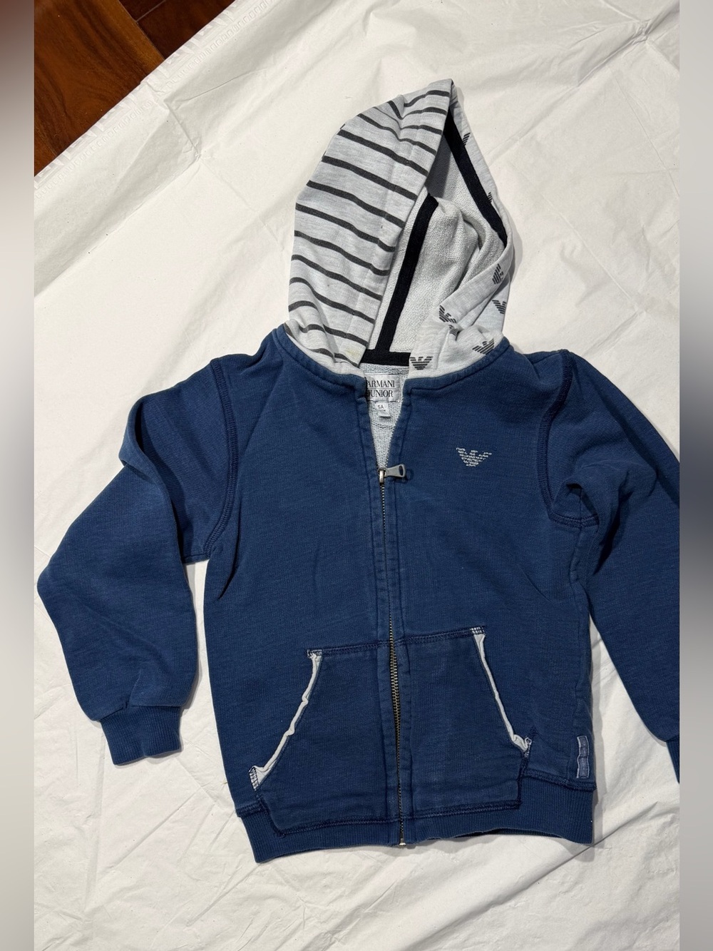 Armani Junior Blue Zip Hoodie with Striped Hood Lining